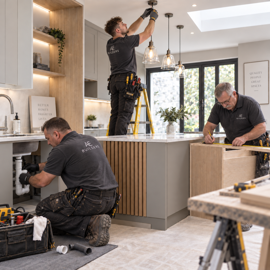 Three tradespeople carrying out plumbing, electrical and carpentry work in a kitchen